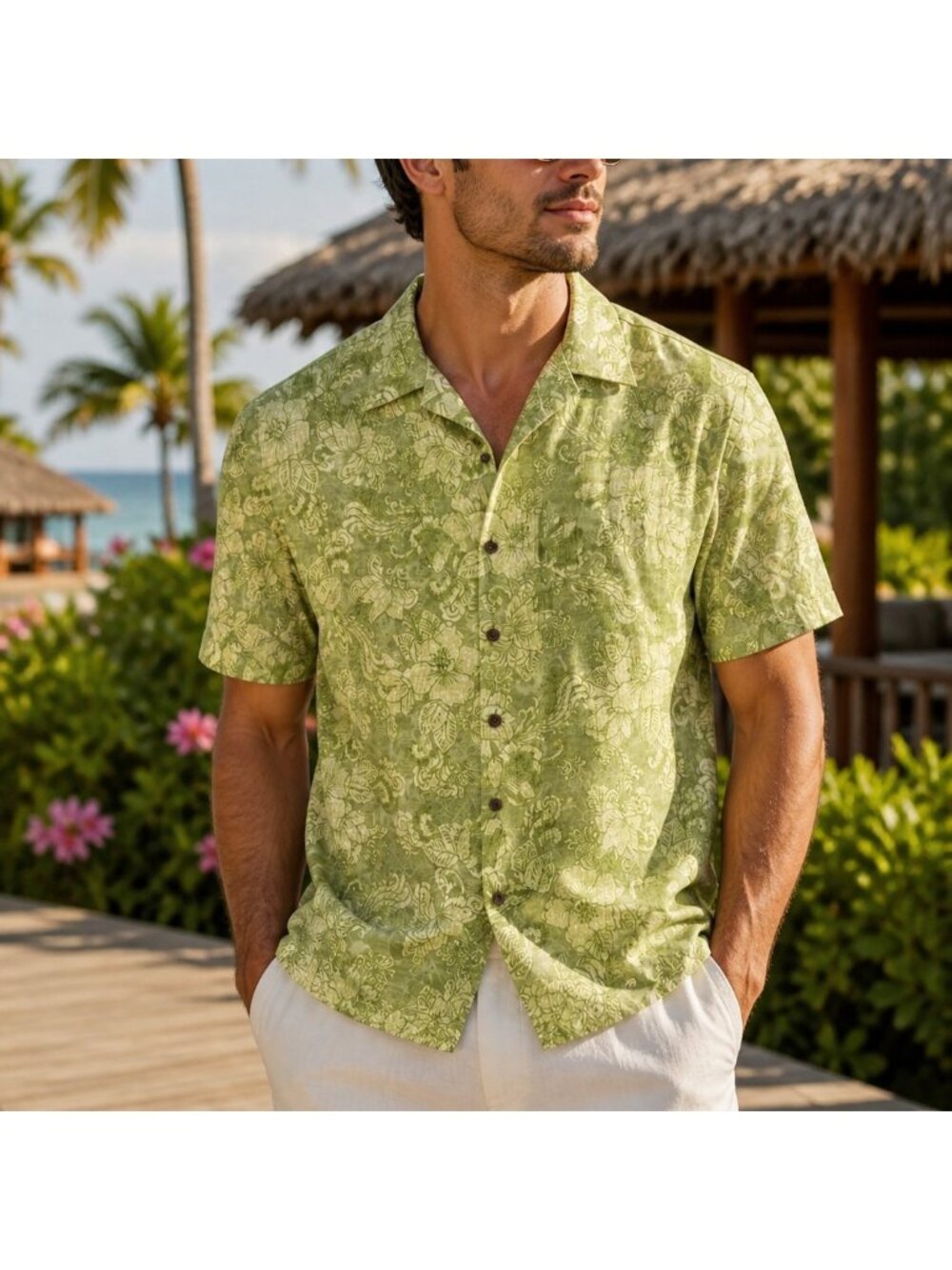 Mens Large Shirt Green Silk Hawaiian Floral Button Up Pusser's Island Reserve